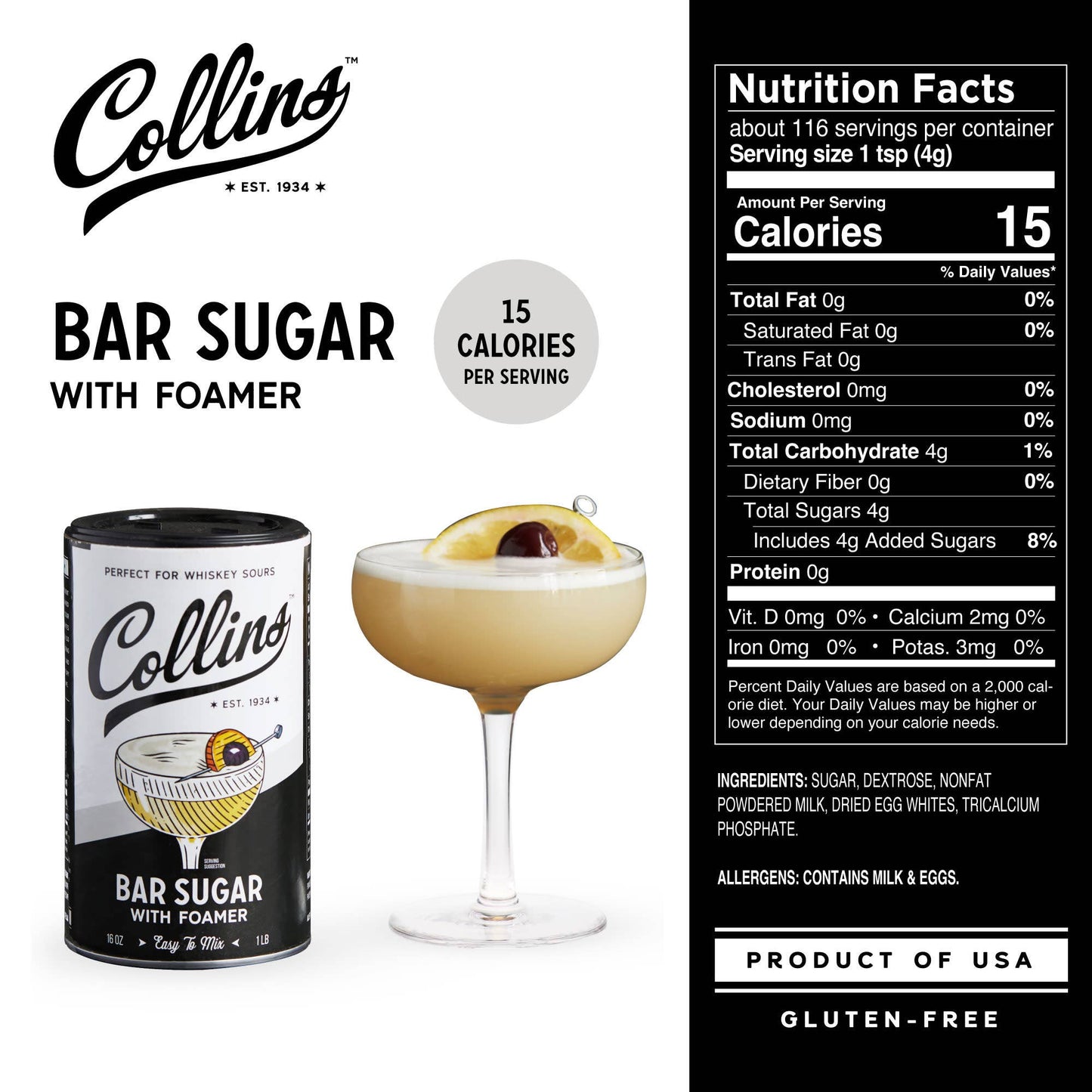 Bar Sugar with Egg White Style Foaming Agent - Collins - 16 oz