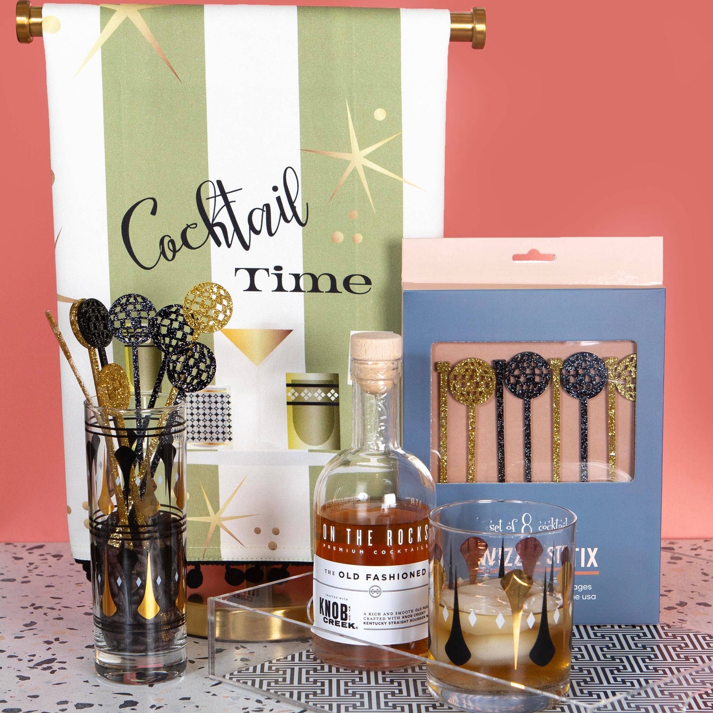 Cocktail Time Retro Bar Towel with Trim - Mod Lounge Paper Company