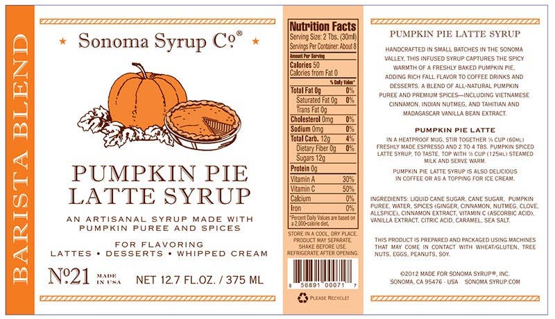 Pumpkin Pie Latte Syrup - Sonoma Syrup Co. - 12.7 oz