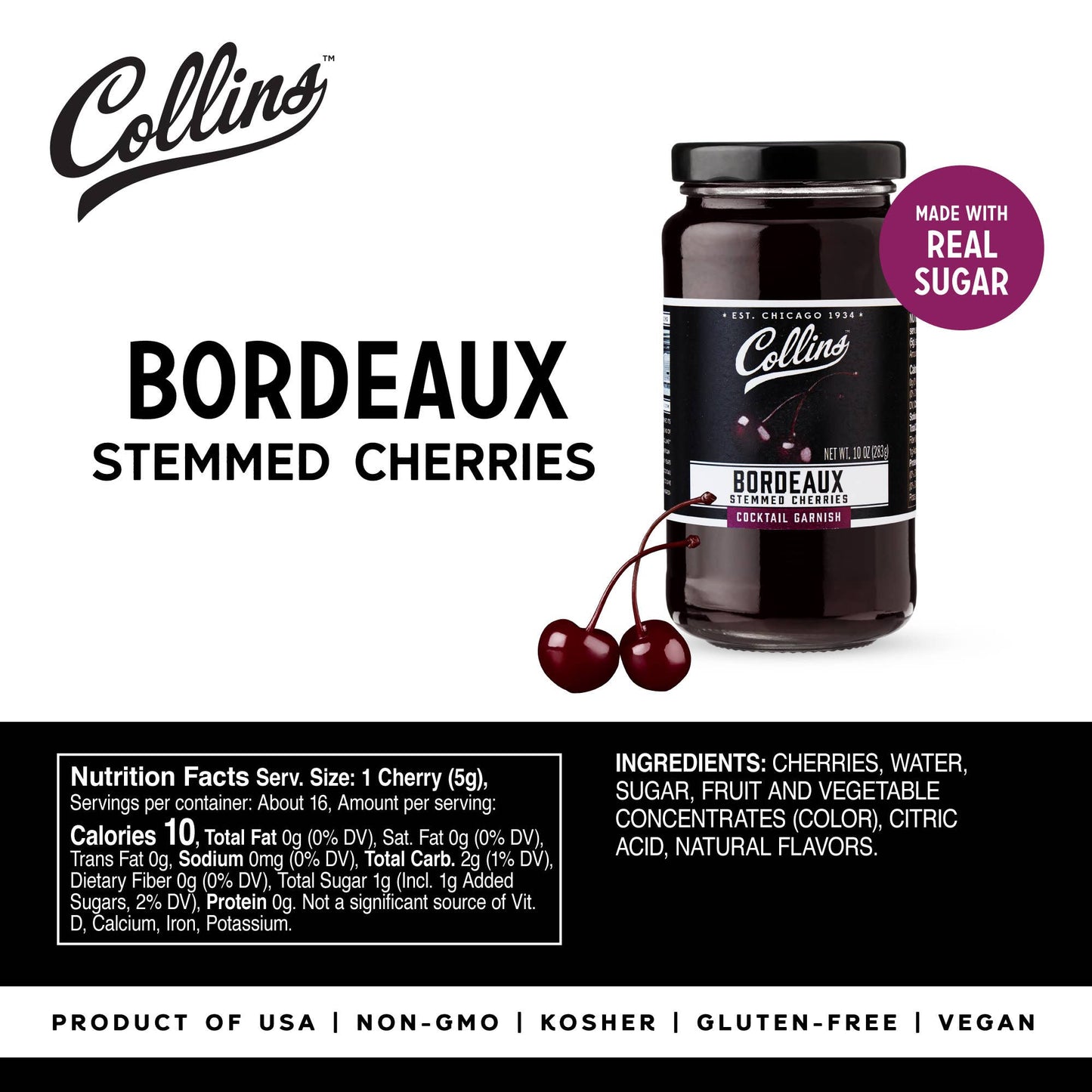 Bordeaux Stemmed Dark Cherries Cocktail Garnish - Collins - 10 oz