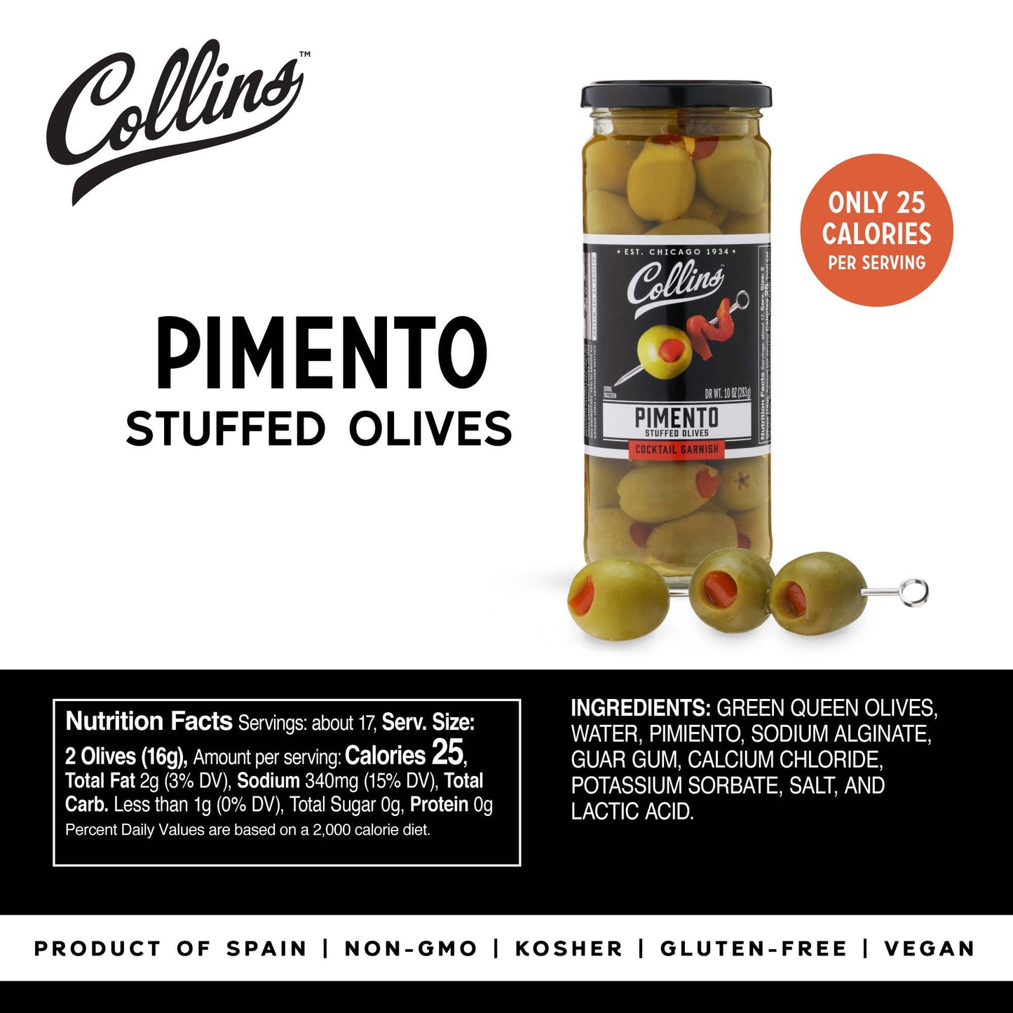 Gourmet Pimento Martini Cocktail and Condiment Olives - Collins - 10 oz