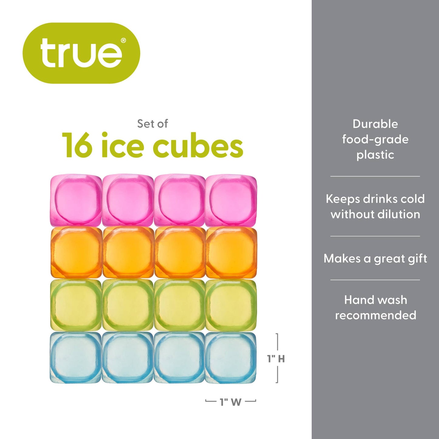 Chill Reusable Plastic Ice Cubes - TRUE - Asst Colors Pack of 16