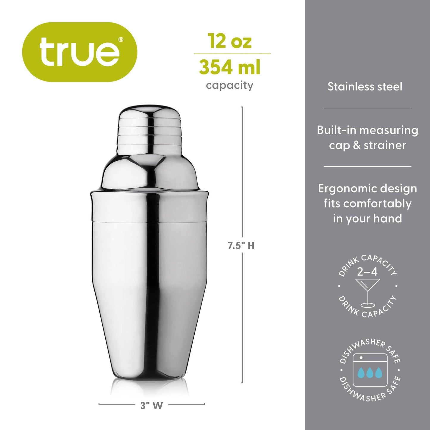 Contour Stainless Steel Cocktail Shaker - TRUE - ASSORTED SIZES