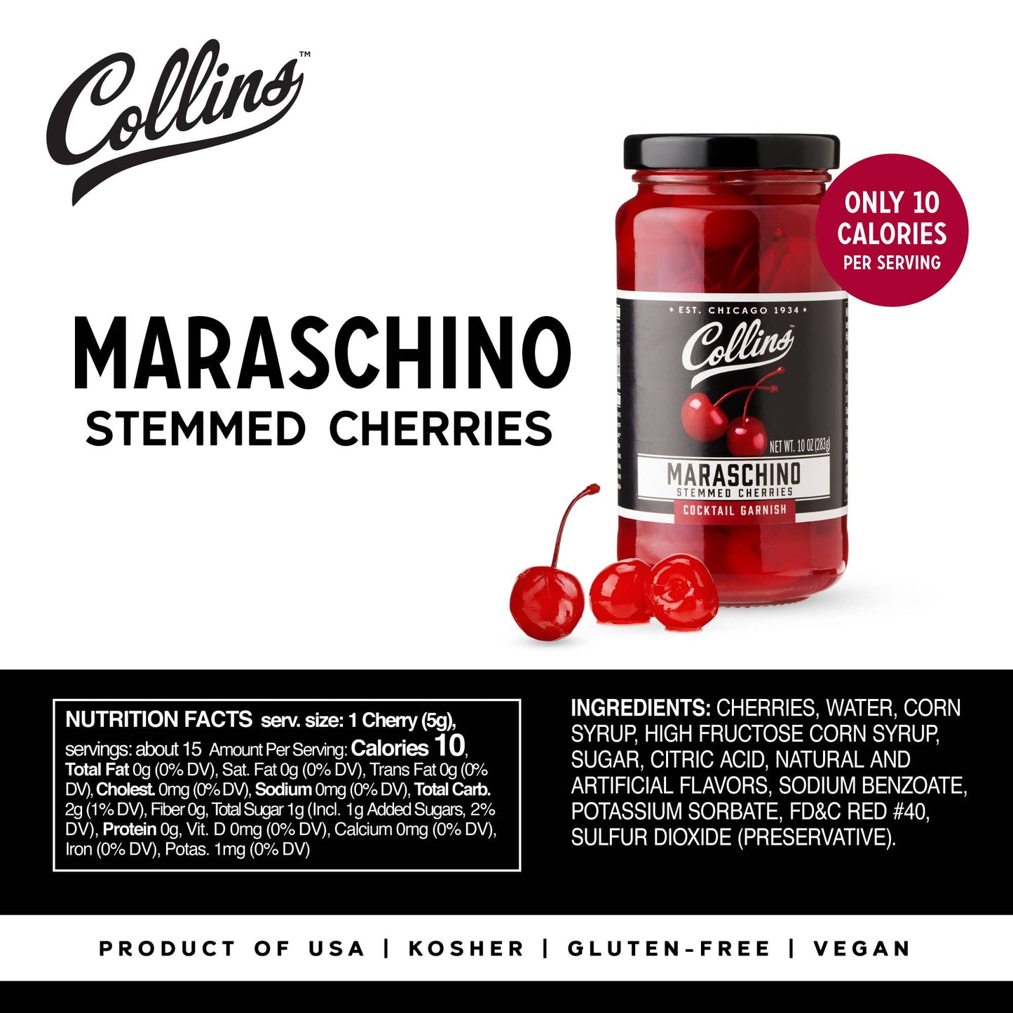 Stemmed Maraschino Cherries Cocktail Garnish - Collins - 10 oz