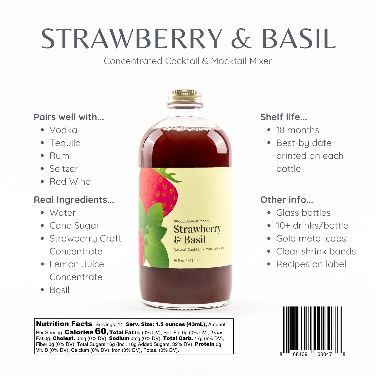 Strawberry & Basil Cocktail and Mocktail Mixer - Wood Stove Kitchen - 16 oz