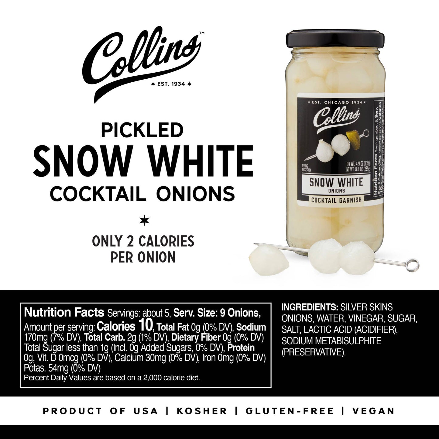 Gourmet Pickled Snow White Cocktail Onions - Collins - 8 oz