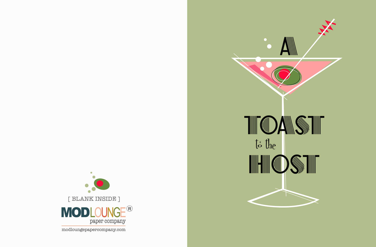 A Toast to the Host Mid Century Modern Martini & Olive Card - Mod Lounge Paper Company