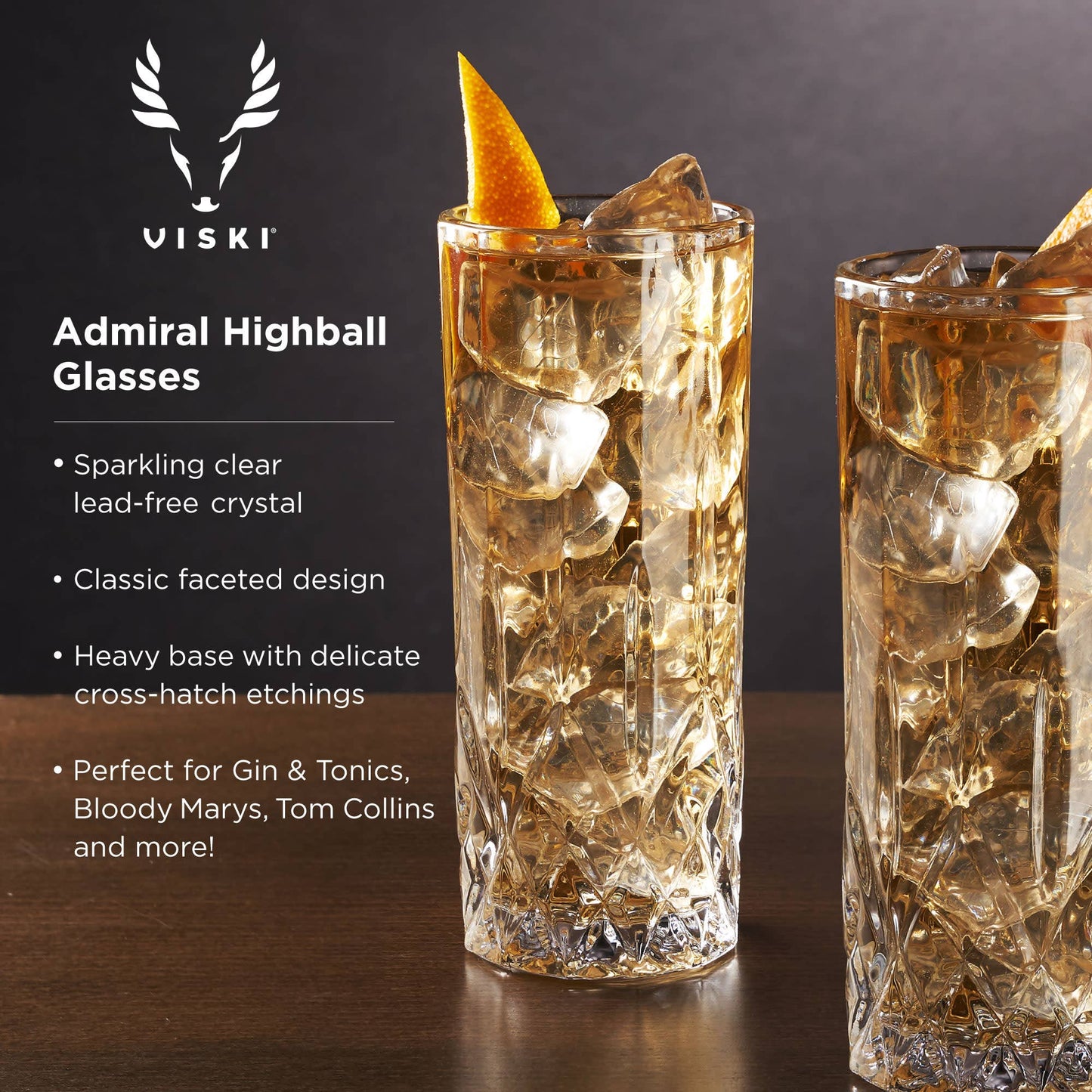 Admiral™ Vintage Style Crystal Highball Glasses - Viski - Set of 4