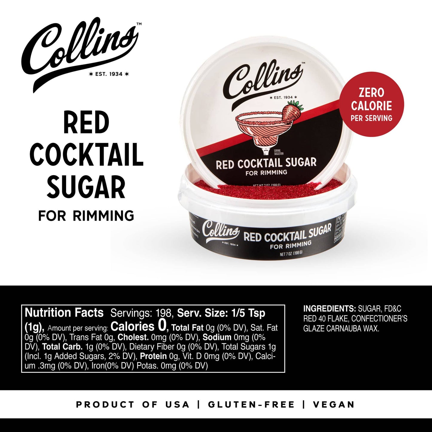 Red Glass Rimming Cocktail Sugar - Collins - 7 oz