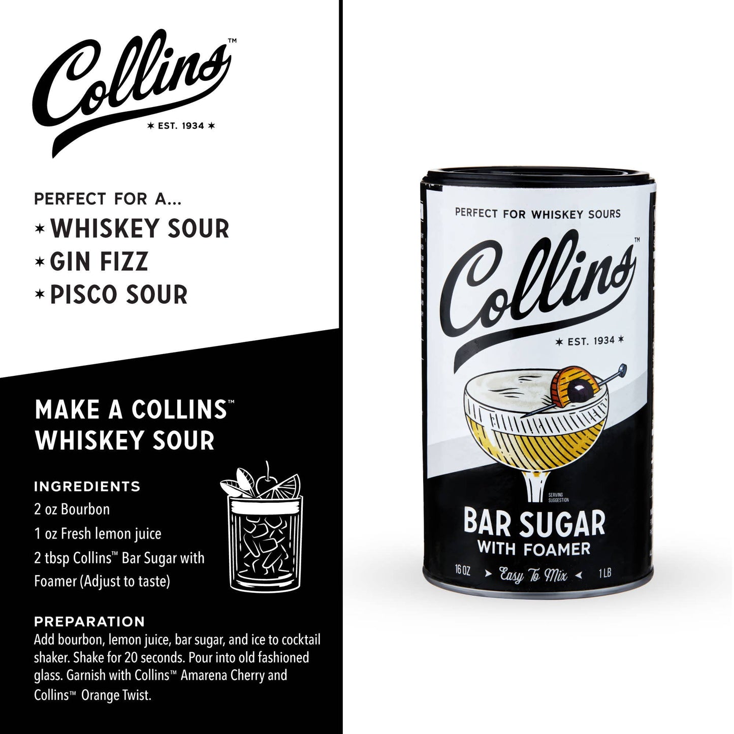 Bar Sugar with Egg White Style Foaming Agent - Collins - 16 oz