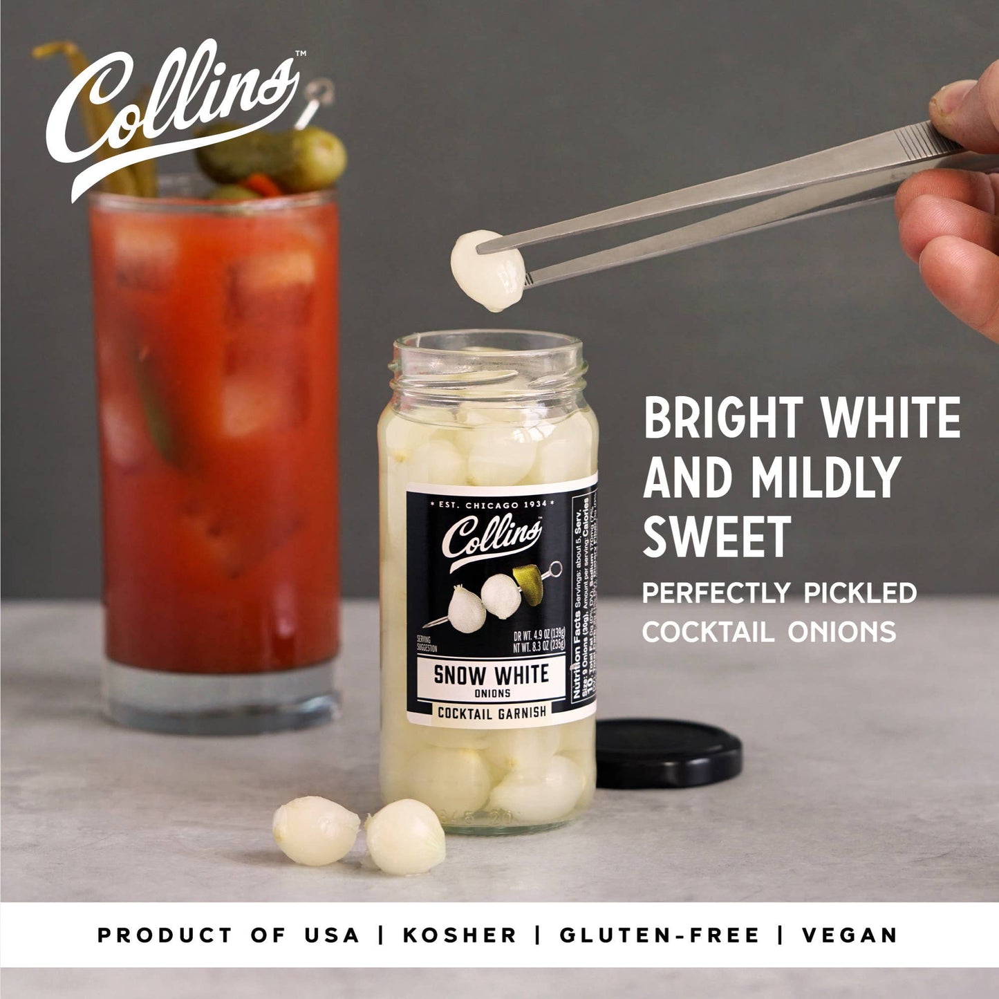 Gourmet Pickled Snow White Cocktail Onions - Collins - 8 oz