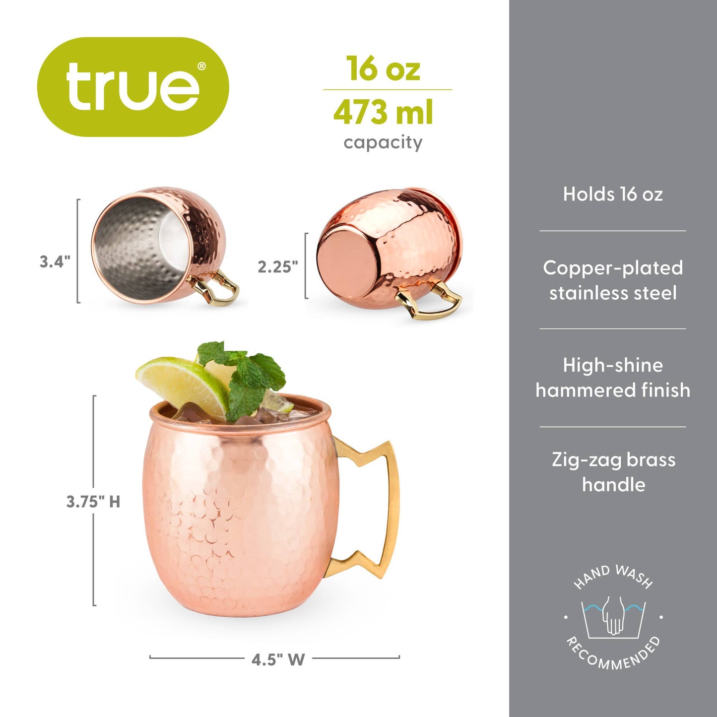 Moscow Mule 16 oz Hammered Copper Plated Mug - TRUE