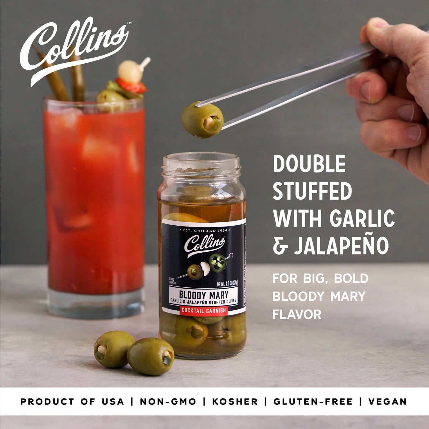 Gourmet Jalapeno and Garlic Stuffed Cocktail Olives - Collins - 4.5 oz