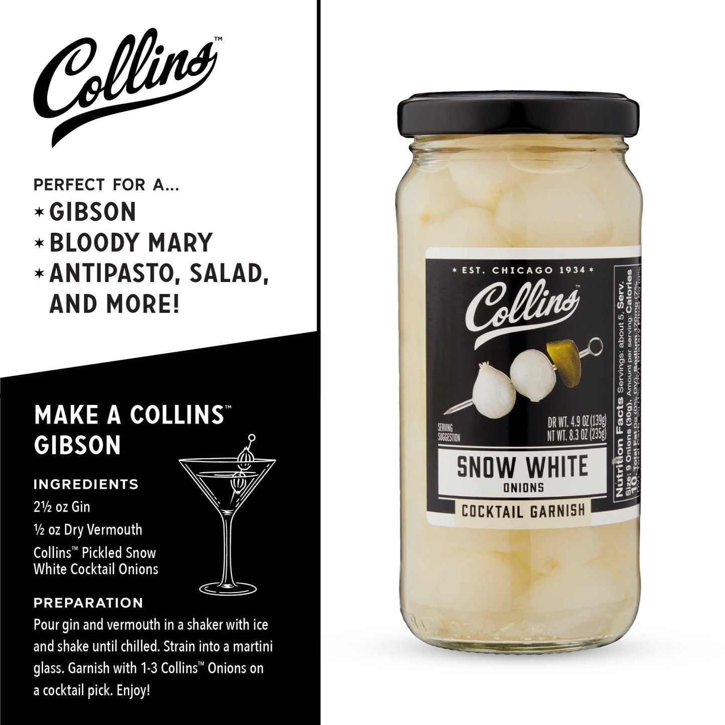 Gourmet Pickled Snow White Cocktail Onions - Collins - 8 oz