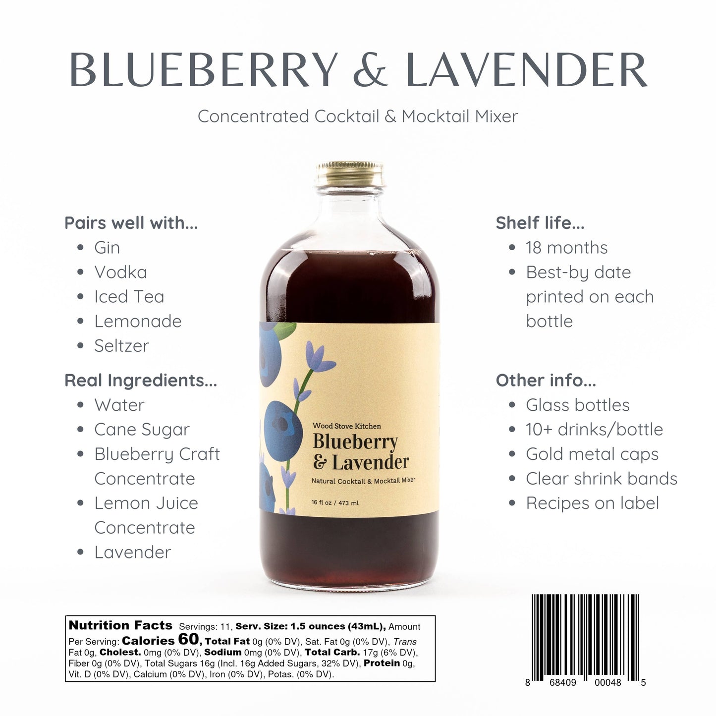 Blueberry and Lavender Cocktail & Mocktail Mixer - Wood Stove Kitchen - 16 fl oz