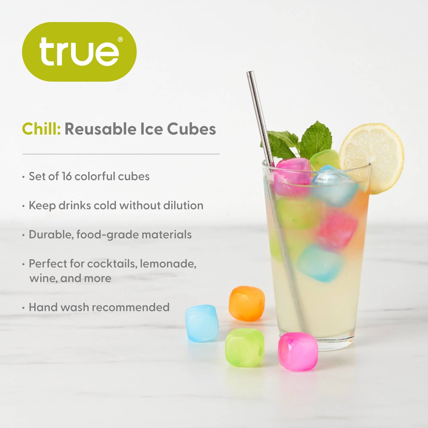 Chill Reusable Plastic Ice Cubes - TRUE - Asst Colors Pack of 16