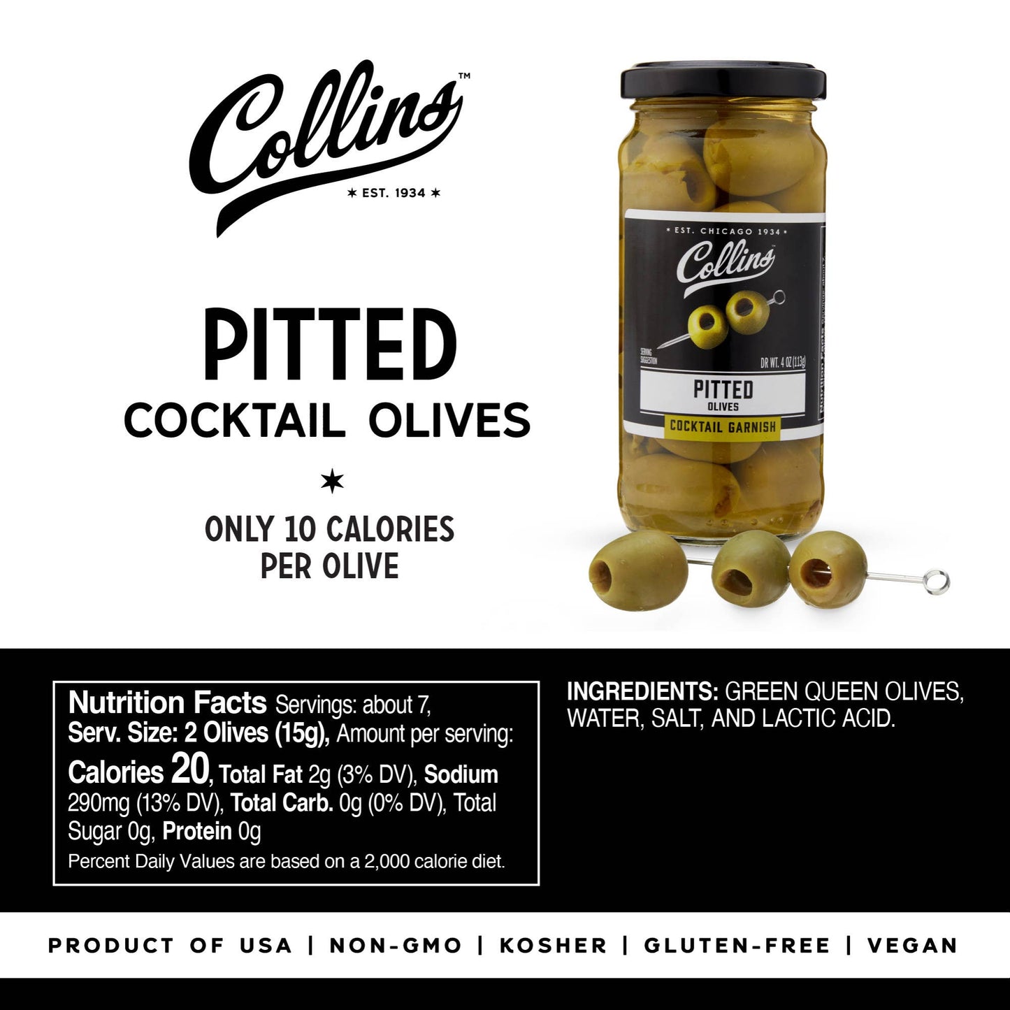 Gourmet Spanish Pitted Cocktail and Condiment Olives - Collins - 4 oz