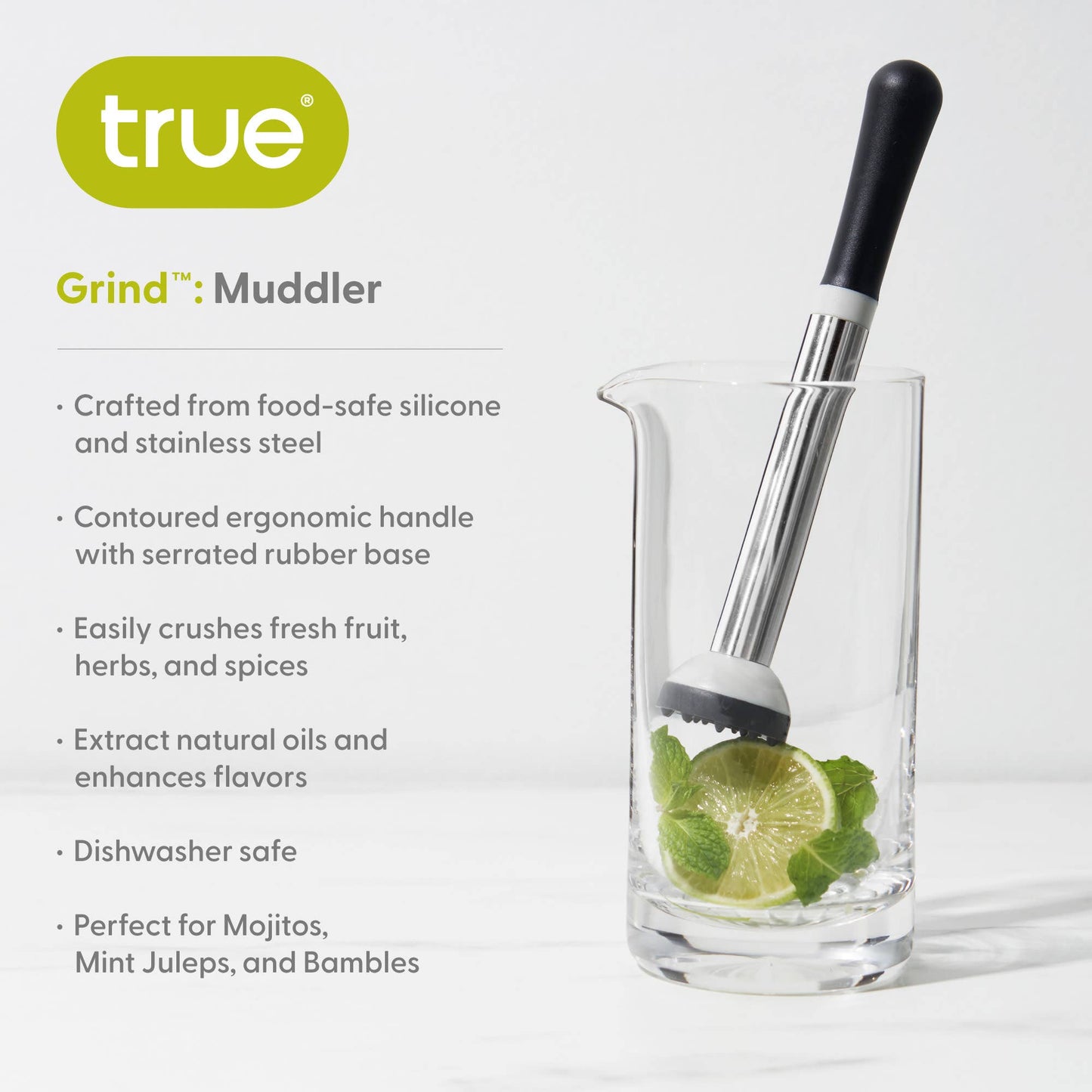 Grind Stainless Steel and Silicone Muddler w Serrated Base - TRUE