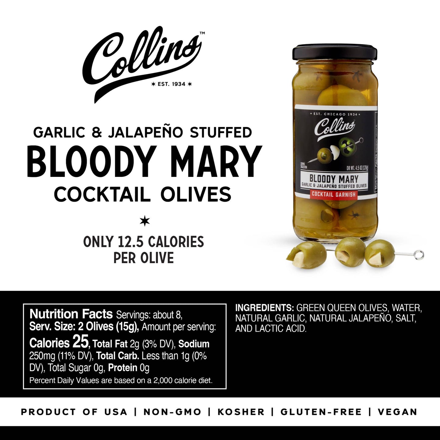 Gourmet Jalapeno and Garlic Stuffed Cocktail Olives - Collins - 4.5 oz