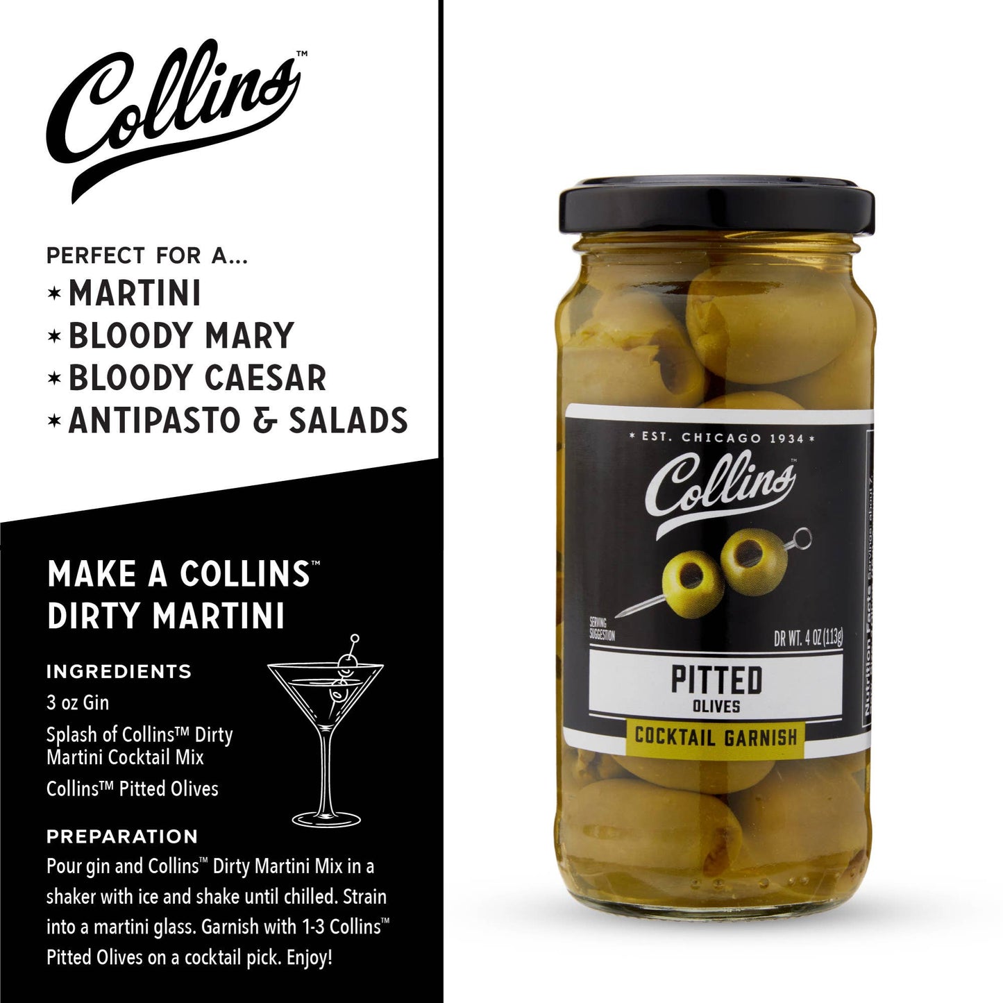 Gourmet Spanish Pitted Cocktail and Condiment Olives - Collins - 4 oz
