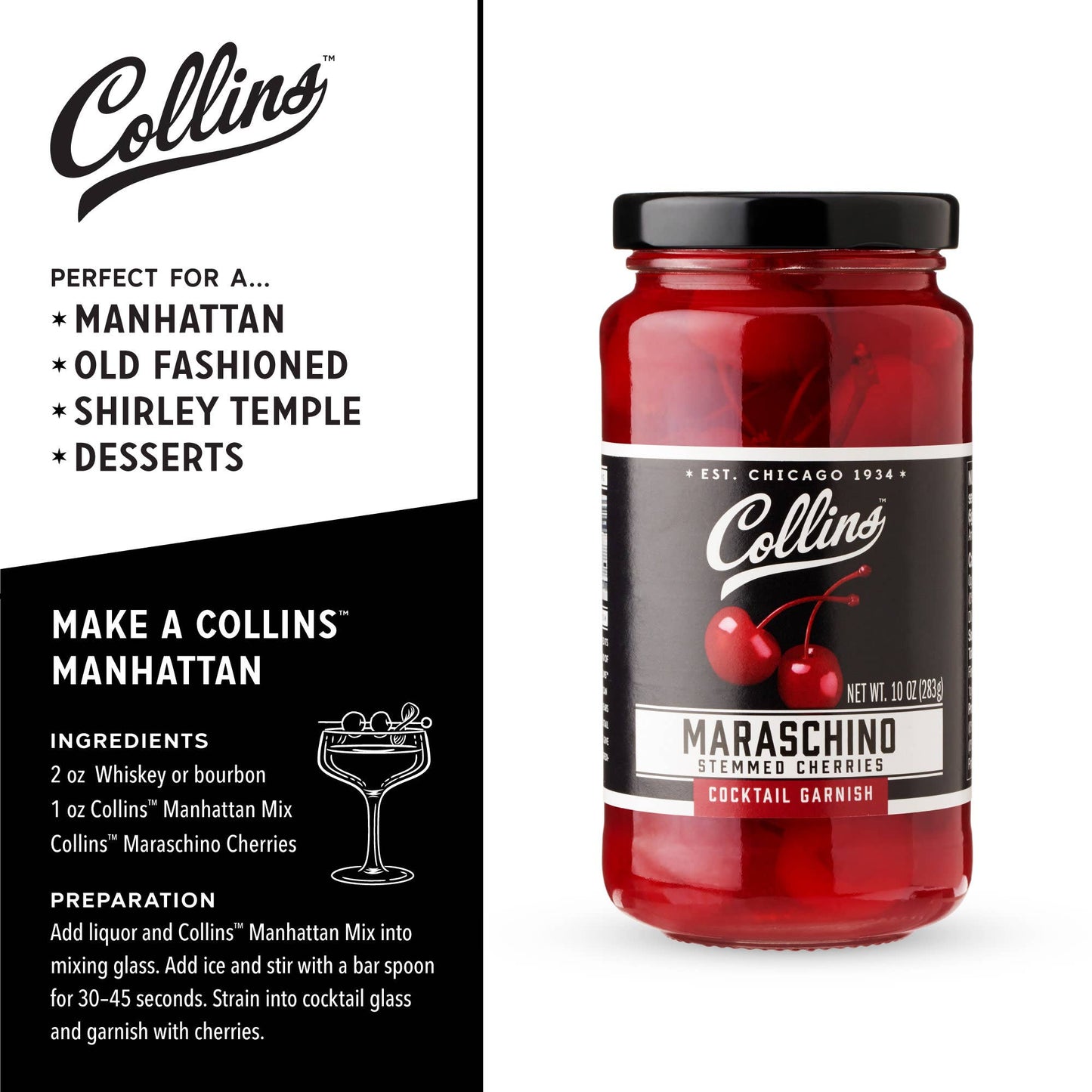 Stemmed Maraschino Cherries Cocktail Garnish - Collins - 10 oz
