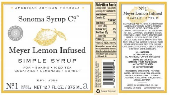 Meyer Lemon Infused Simple Syrup - Sonoma Syrup Co. - 12.7 oz