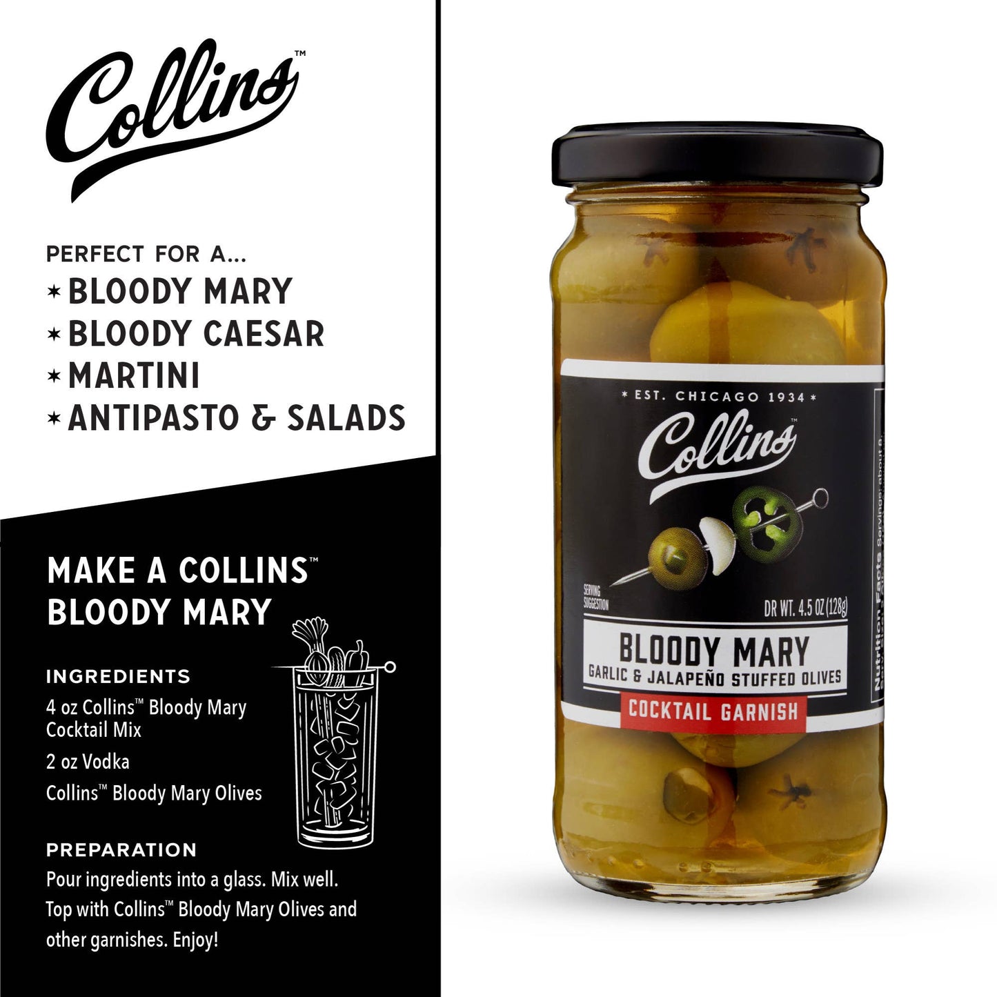 Gourmet Jalapeno and Garlic Stuffed Cocktail Olives - Collins - 4.5 oz