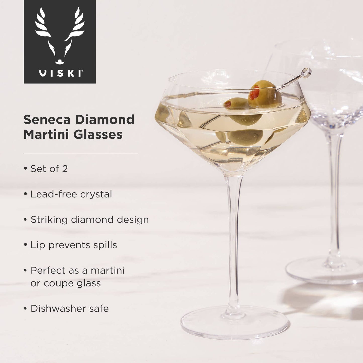 Seneca™ Diamond Faceted Crystal Martini Glasses - Viski - Set of 2