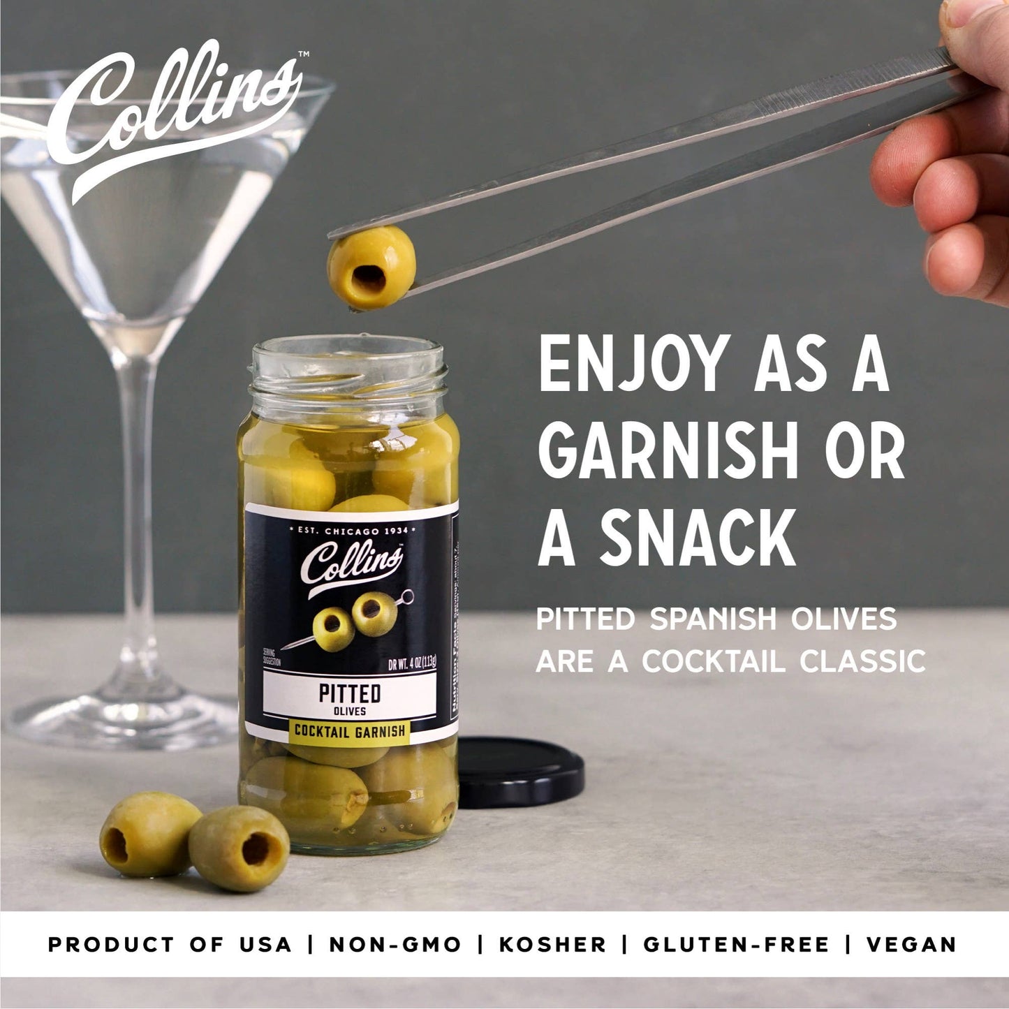 Gourmet Spanish Pitted Cocktail and Condiment Olives - Collins - 4 oz