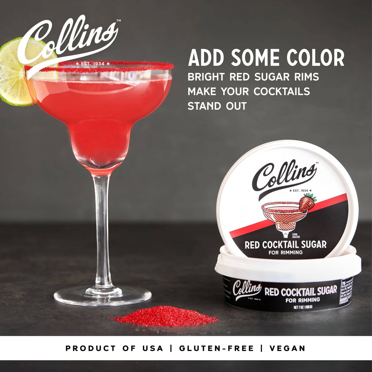 Red Glass Rimming Cocktail Sugar - Collins - 7 oz