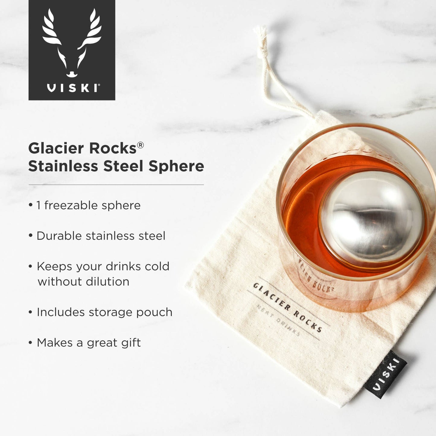 Glacier Rocks® Large Stainless Steel Whiskey Ball - Viski