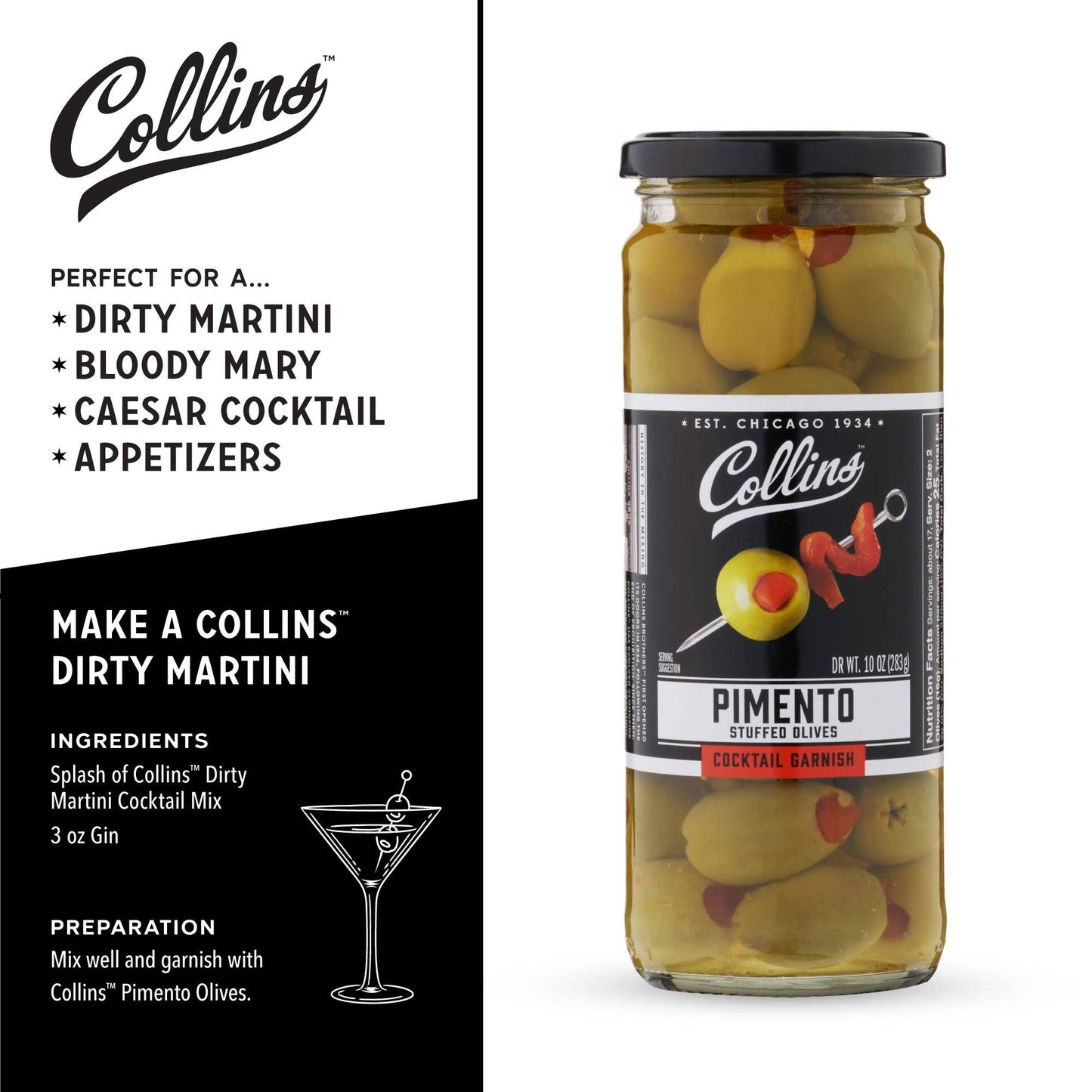 Gourmet Pimento Martini Cocktail and Condiment Olives - Collins - 10 oz