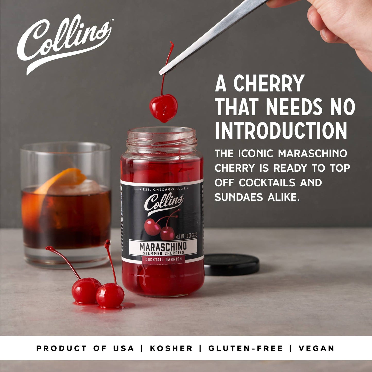 Stemmed Maraschino Cherries Cocktail Garnish - Collins - 10 oz