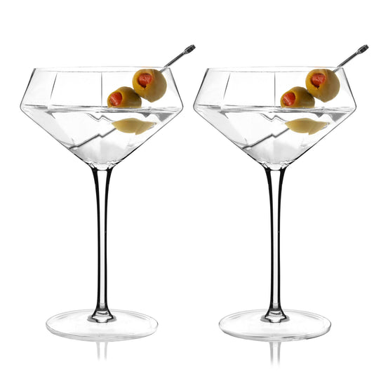Seneca™ Diamond Faceted Crystal Martini Glasses - Viski - Set of 2